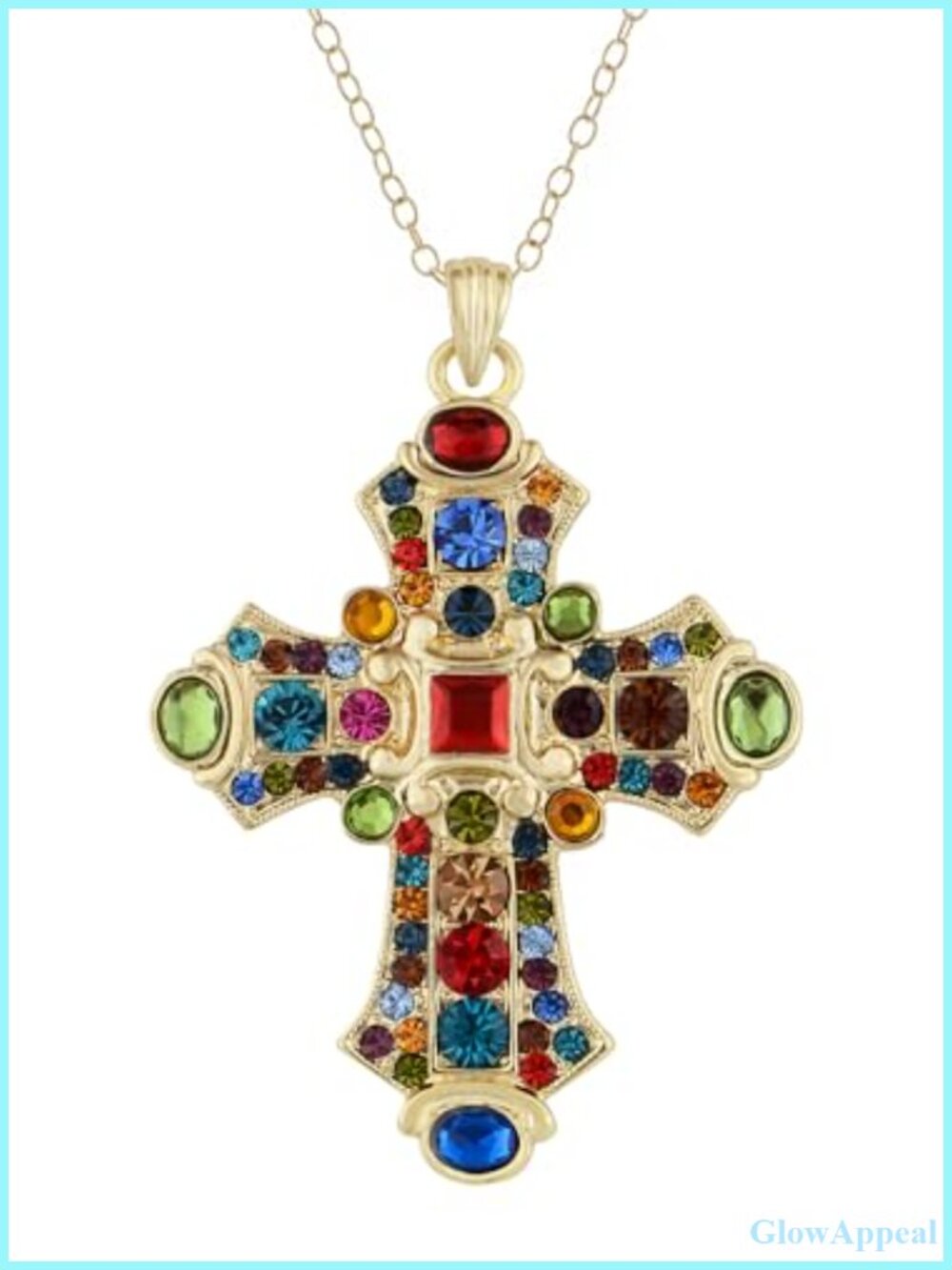 Ornate Antique Golden Tone Rhinestone Cross Pendant Necklace Adjustable